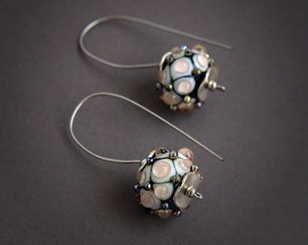 RESERVED for Marianne - Lampwork glass earrings - Metallic gold glass dots - pale pink dots