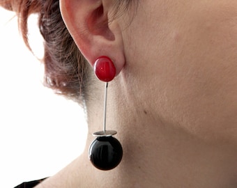 Red and black glass dangle earrings - lampwork beads -  blown glass - statement earrings