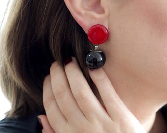 Red and black glass short dangle earrings - lampwork beads -  blown glass - statement earrings