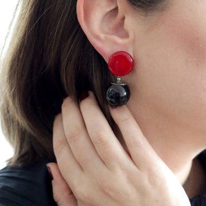Red and black glass short dangle earrings - lampwork beads -  blown glass - statement earrings
