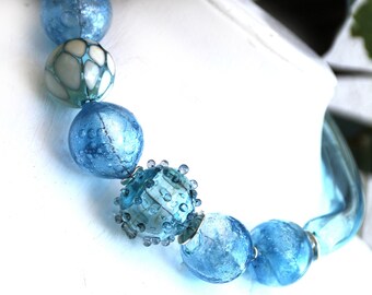 Asymmetrical blown glass necklace - statement necklace - blue necklace - blue glass - OOAK