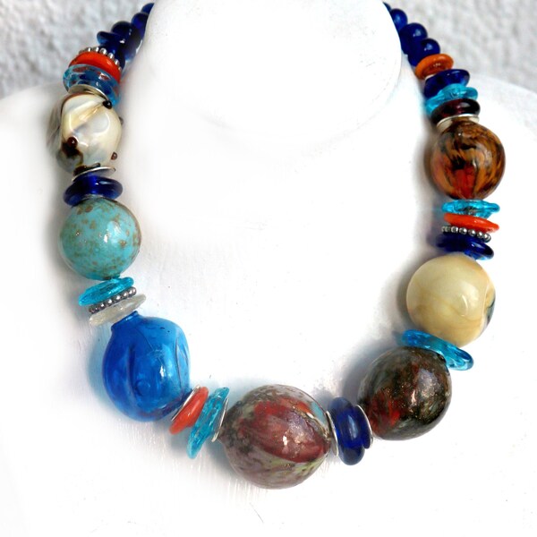 Big glass necklace - blown glass beads - turquoise, ivory, black, red green - Organic design- statement necklace - Murano glass - OOAK