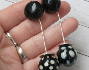 Black and white polka dots glass dangle earrings - lampwork beads -  blown glass - statement earrings