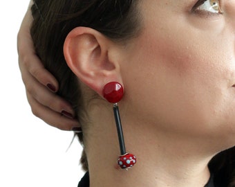 Red and black glass dangle earrings - lampwork beads -  blown glass - statement earrings - polka dots