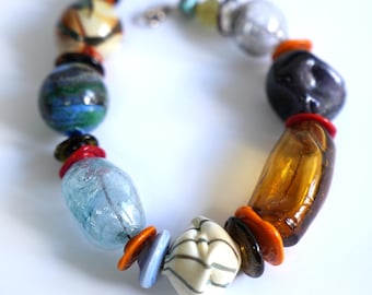 Big glass necklace - blown glass beads - turquoise, ivory, black, red green - Organic design- statement necklace - Murano glass - OOAK