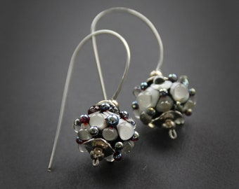 Lampwork glass earrings - Metallic gold glass dots - light gray dots