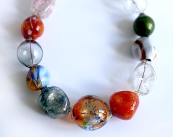 Big blown glass necklace -Glass bubbles -statement necklace - earth colors - orange - asymmetrical - OOAK