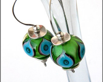 Lampwork earrings - Green and turquoise bubbles