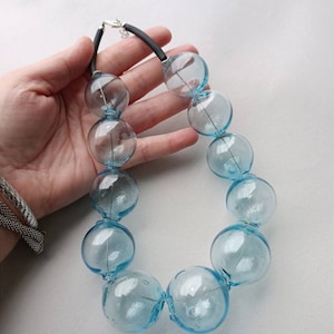 Blown glass rubber necklace -Glass bubbles - Spheres - aqua blue transparent beads - statement necklace - Rubber necklace - Murano glass