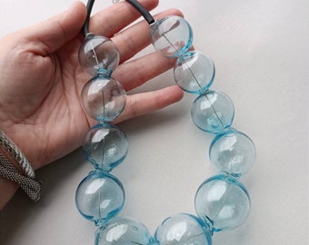 Blown glass rubber necklace -Glass bubbles - Spheres - aqua blue transparent beads - statement necklace - Rubber necklace - Murano glass