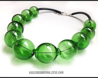 Blown glass rubber necklace -Glass bubbles - Spheres - Green transparent beads - statement necklace - Rubber necklace - Murano glass