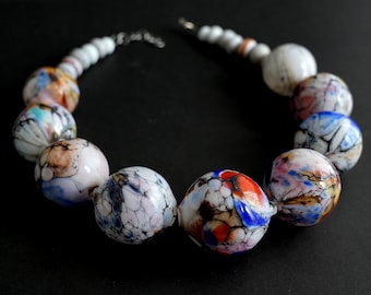 Colorful blown glass necklace - Big blown glass beads - Organic pattern - Raku - Bird's eggs - OOAK