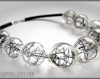 Blown glass Black wire Rubber necklace -Glass bubbles - Spheres - statement necklace - Geometric - Abstract - Modern -  Murano glass