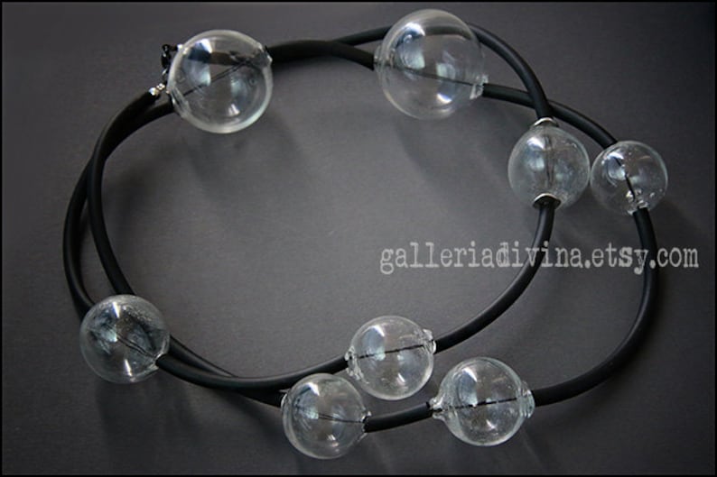 Blown glass rubber necklace Spheres Glass bubbles Transparent beads statement necklace Black white Rubber necklace Murano glass image 4