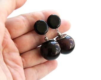 Black glass short dangle earrings - lampwork beads -  blown glass - statement earrings