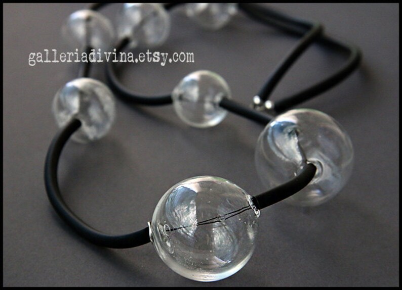 Blown glass rubber necklace Spheres Glass bubbles Transparent beads statement necklace Black white Rubber necklace Murano glass image 2