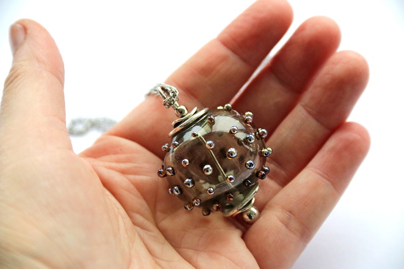 Blown glass pendant glass pendant Murano glass blown glass Transparent gray ball with golden metallic dots