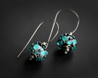 Lampwork glass earrings - Metallic gold glass dots - turquoise blue dots