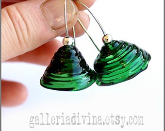 Lampwork earrings - Dark green bells - Art earrings - Handmade glass - Murano glass - Stainless steel