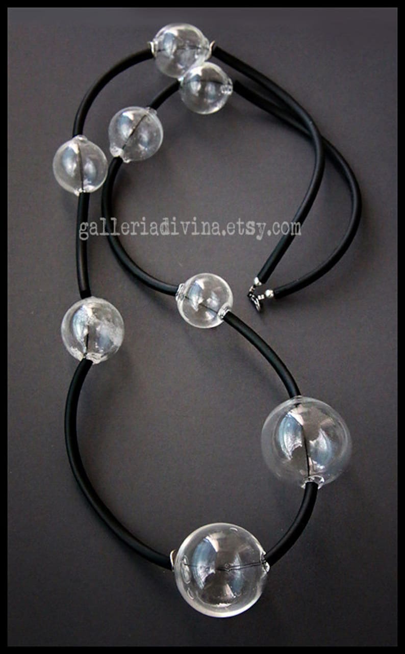 Blown glass rubber necklace Spheres Glass bubbles Transparent beads statement necklace Black white Rubber necklace Murano glass image 3