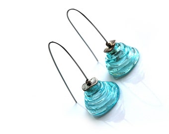 Lampwork earrings - Transparent aqua blue bells - Art earrings - Handmade glass - Murano glass - Stainless steel