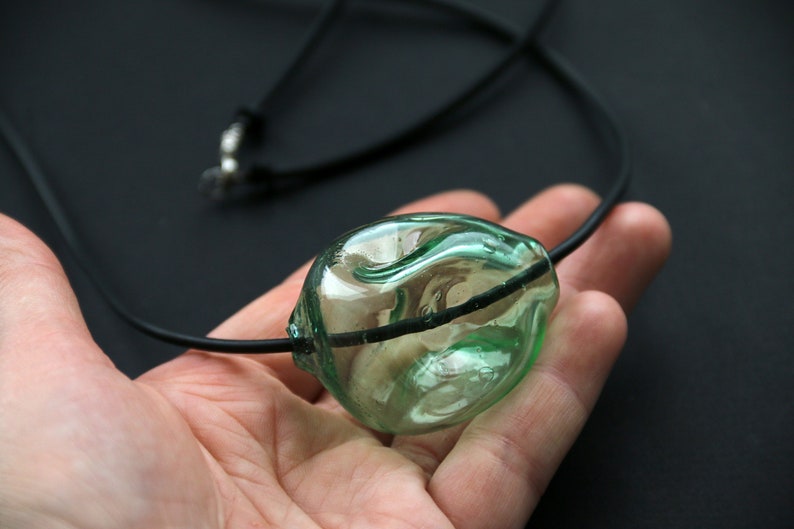 Blown glass bead on a long necklace blown glass glass pendant Murano glass green glass image 1