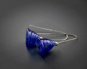 Lampwork earrings - Transparent cobalt blue bells - Art earrings - Handmade glass - Murano glass - Stainless steel