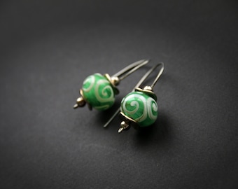 Lampwork earrings - Grass green and white swirl - spiral - Murano glass - Handmade beads