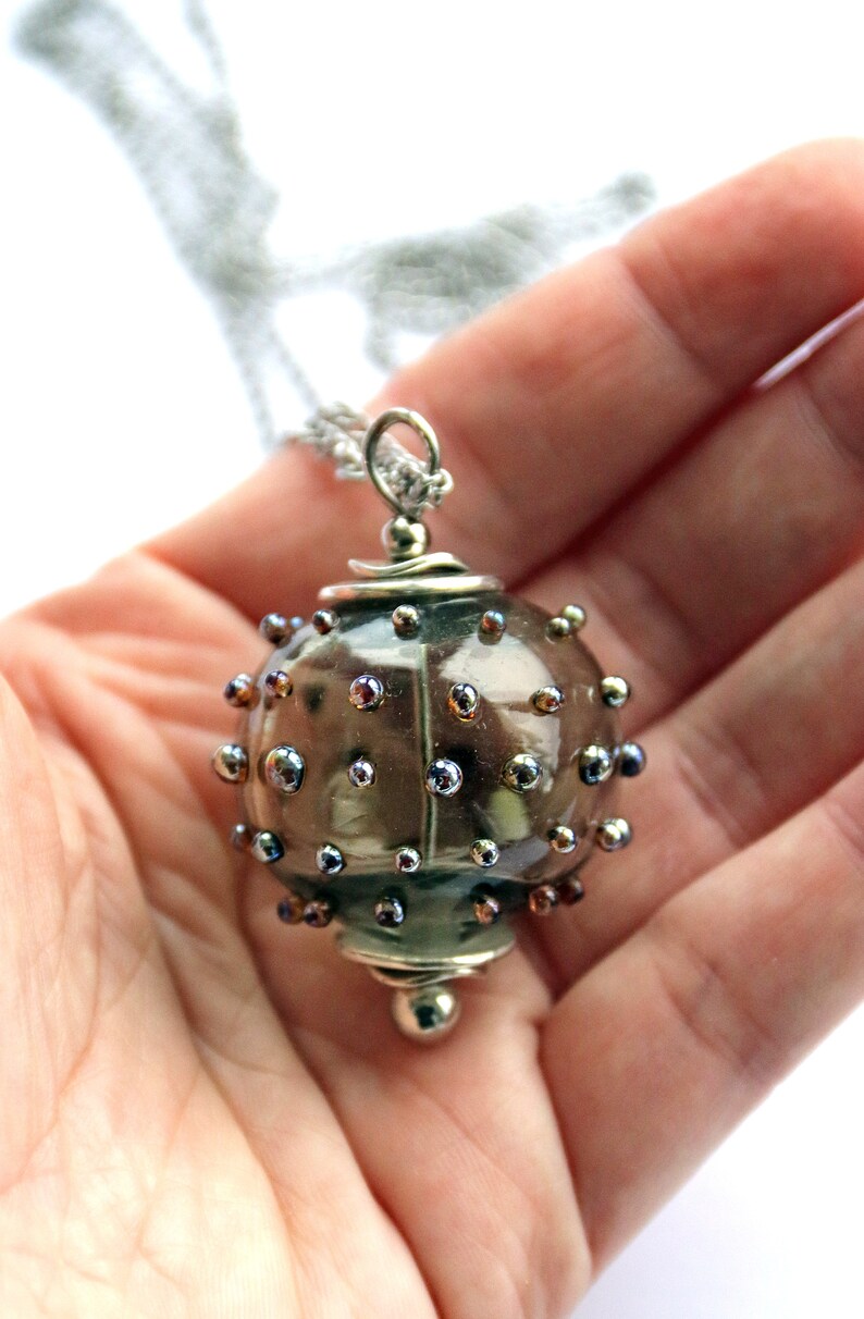 Blown glass pendant glass pendant Murano glass blown glass Transparent gray ball with golden metallic dots