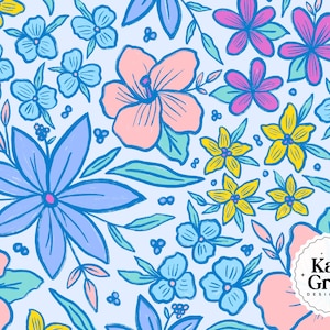 May include: A floral pattern design featuring hand-drawn flowers in shades of blue, pink, yellow, and purple on a light blue background. The design includes various flower shapes and sizes, with green leaves and stems. The artist's logo is in the bottom right corner.
