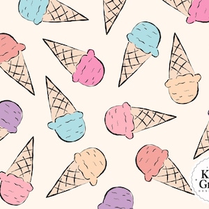 Ice Cream Cone Seamless File: Hand-Drawn Pastel Pattern (PNG Digital Download)