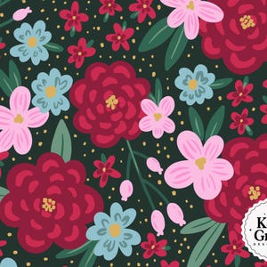 Girly Christmas Seamless File on Dark Background, Pink, Red and Green Christmas Floral Pattern Repeat