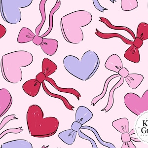 May include: A repeating pattern of hand-drawn hearts and bows in shades of pink, red, and purple on a light pink background. The bows have long flowing ribbons. The design is by Katie Gross Design Co.