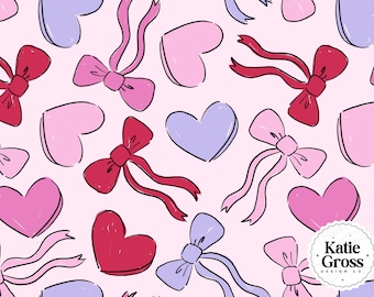 Valentines Seamless File | Hand Drawn Hearts and Bows Pattern Repeat PNG
