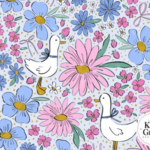 May include: A whimsical pattern featuring white ducks with blue bows, surrounded by pink and blue flowers, strawberries, and bows on a light blue background. The design includes the text "Katie Gross Design Co."