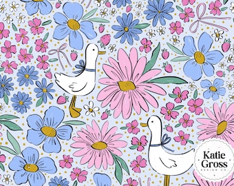 Patrón sin costuras de Silly Goose: Archivo PNG de flores de primavera