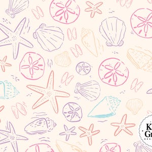 May include: A repeating pattern of seashells, starfish, and sand dollars in pastel colors of pink, purple, blue, and peach on a cream background. The design includes the text "Katie Gross Design Co."