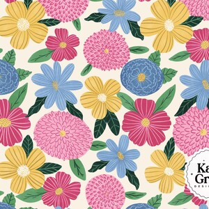 May include: A repeating floral pattern on a cream background featuring stylized yellow, pink, and blue flowers with dark green leaves. A circular white logo in the bottom right corner contains the black text Katie Gross Design Co.
