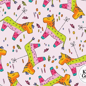 May include: A repeating pattern of colorful piñatas in shades of pink, orange, yellow, green, and blue on a light pink background. Confetti and streamers are scattered around the piñatas. The design is by Katie Gross Design Co.