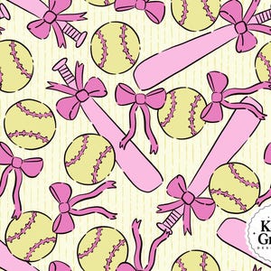 May include: A repeating pattern featuring softball bats, softballs, and bows in pink and yellow on a cream background. The bats and bows are pink, while the softballs are yellow with pink stitching. The design has a hand-drawn aesthetic.