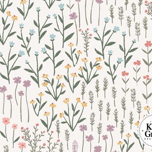 May include: A floral pattern featuring various wildflowers in shades of pink, yellow, and blue on a cream background. The design includes stylized illustrations of flowers and foliage, with a distressed texture. The image includes the text "Katie Gross Design Co."
