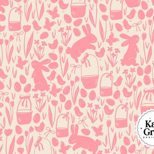 May include: A repeating pattern featuring pink Easter-themed illustrations on a cream background. The design includes bunnies, eggs, chicks, butterflies, baskets, and flowers. The pattern is suitable for fabric, wallpaper, or gift wrap.