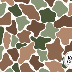 May include: A seamless pattern featuring organic shapes in shades of brown, green, and olive green against an off-white background. The design has a modern, abstract aesthetic, suitable for various applications. The design is by Katie Gross Design Co.