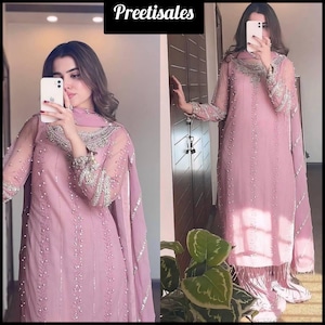 Beautiful pink Heavy Faux Georgette Kurta Sharara Palazzo With Designer Dupatta Suit Wedding/Party Wear Sharara Suit Special For Eid Diwali