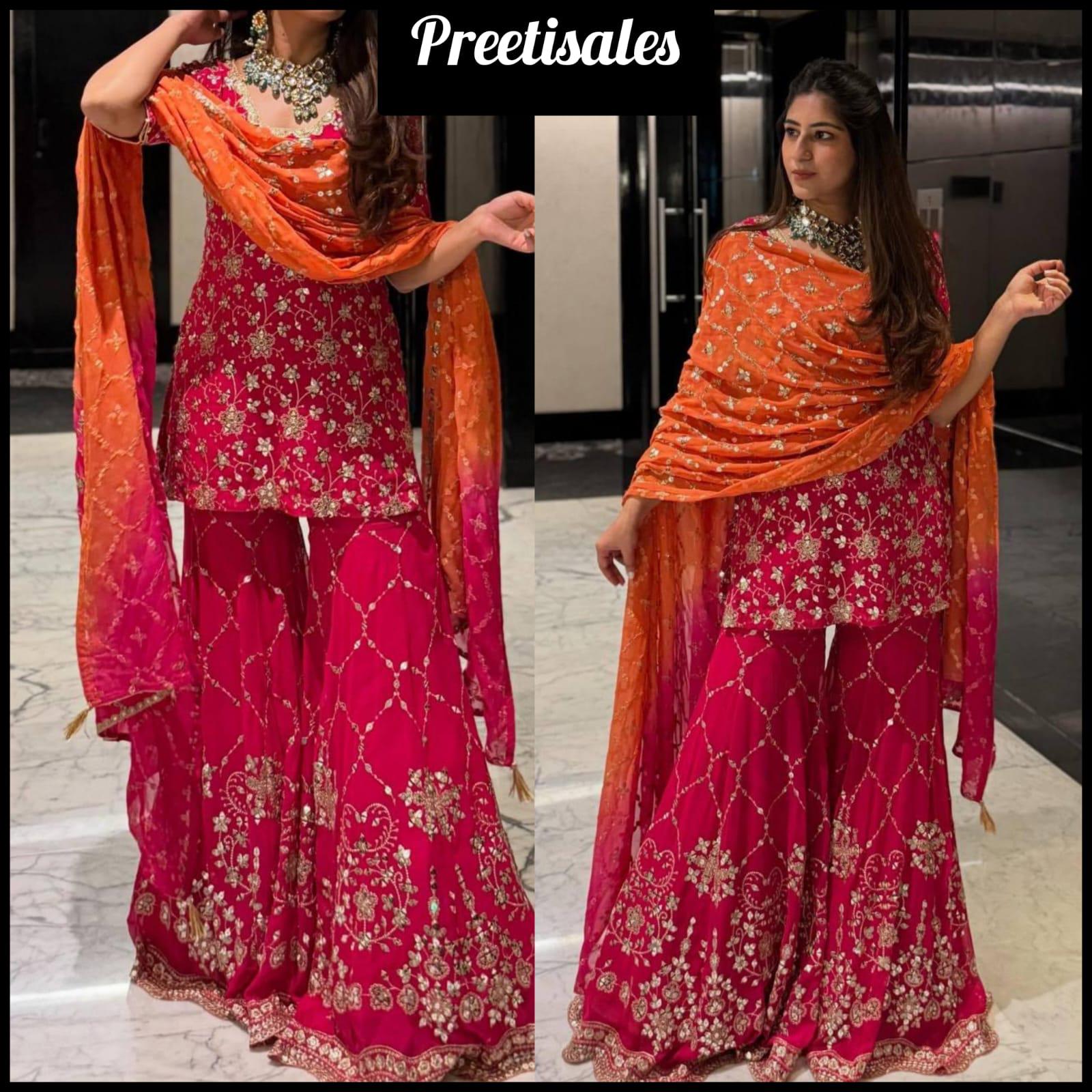 【新品】インドクルタ&ドティセット シルクインド上下セット結婚式 民族衣装 正装 インド綿 クルタセットXLサイズ ピンク刺繍入り（綿100