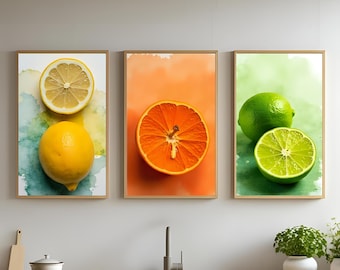 Citrus Fruit Kitchen Art Prints: Orange, Lemon, Lime (Digital Download Set of 3)