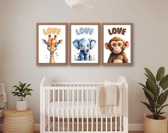 Jungle Animal Nursery Prints: Giraffe, Elephant, Monkey (Digital Download