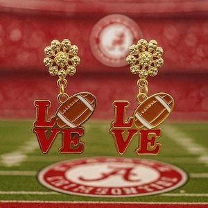 Alabama Crimson Tide LOVE Football Earrings – Game Day Jewelry, Roll Tide Fan Accessories, Sports Team Spirit Earrings