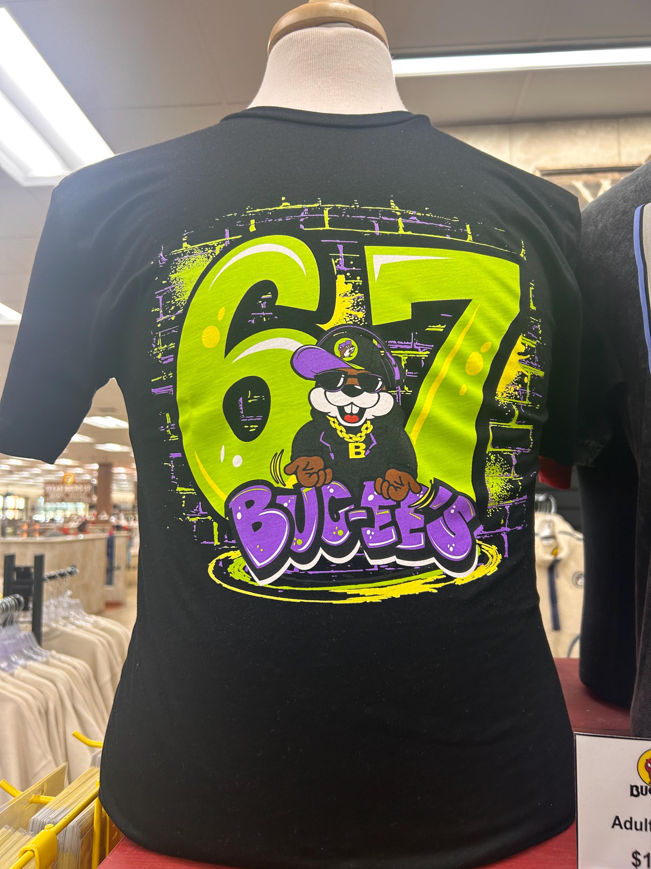 Buc-ee's 67 Graphic T-shirt | Neon Green & Purple Retro Design