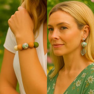 Handmade Polymer Clay Jewelry Set – Floral Beaded Bracelet & Statement Earrings with Leaf Charm – Nature Inspired Gift for Her